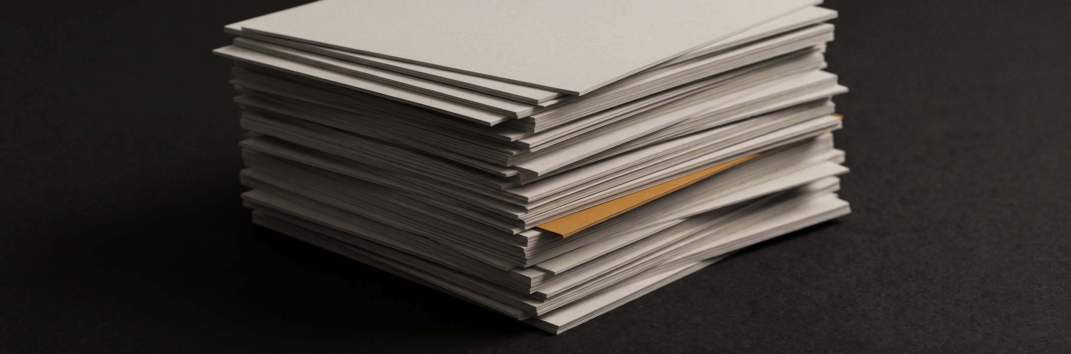 A tall loose stack of thin pale sheets on a dark surface, uneven at the edges, with one sheet buried partway down.