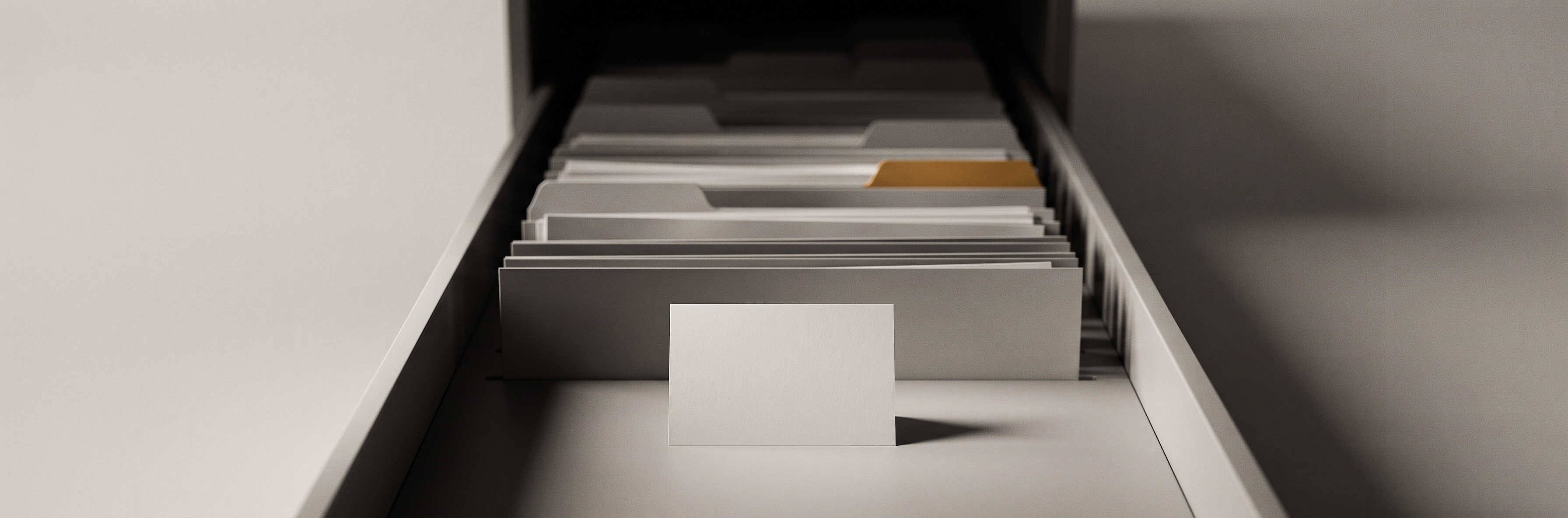 A single small pale card standing upright at the front of a long shallow drawer, with rows of folders receding behind it.
