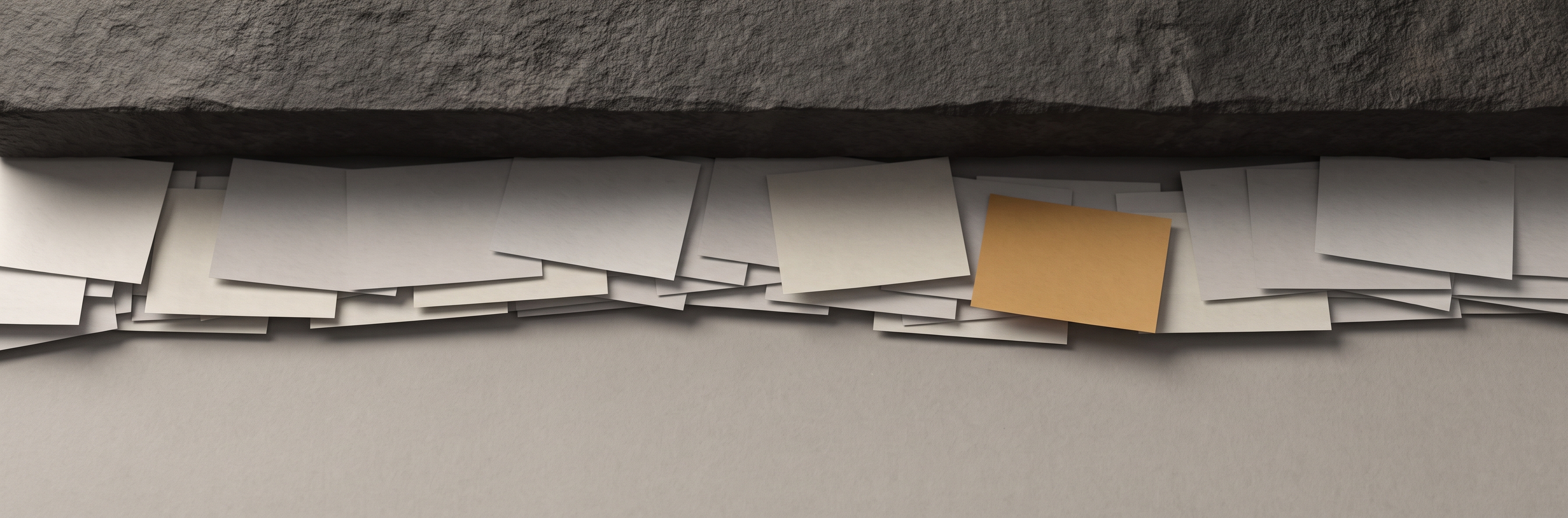 A heavy stone lintel spanning the top of the frame, with a ribbon of loose paper slips flowing beneath it.