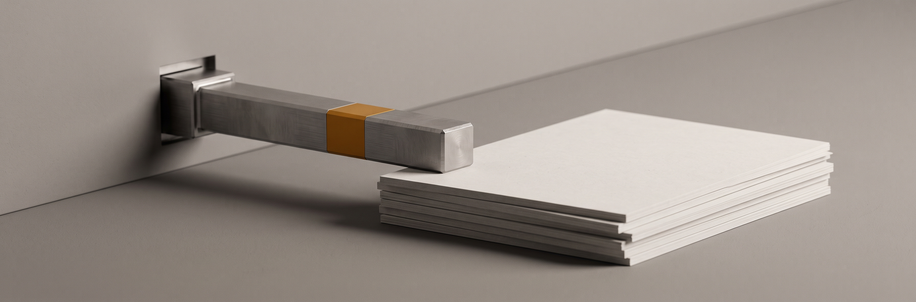 A heavy steel interlock arm dropped across a narrow channel, seated into a notch on the far wall.