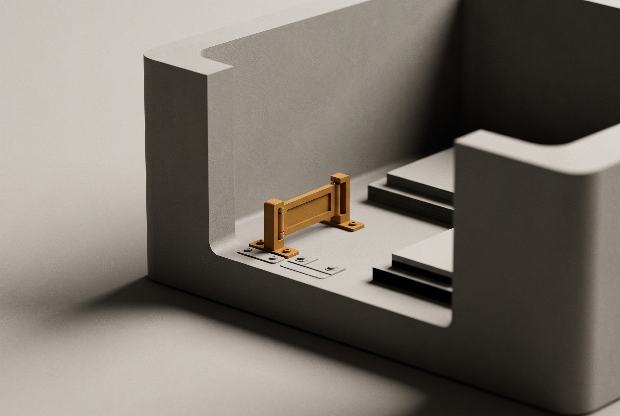 A cutaway of a sealed enclosure showing a small gate mechanism fastened to the floor of the enclosure rather than to its wall.