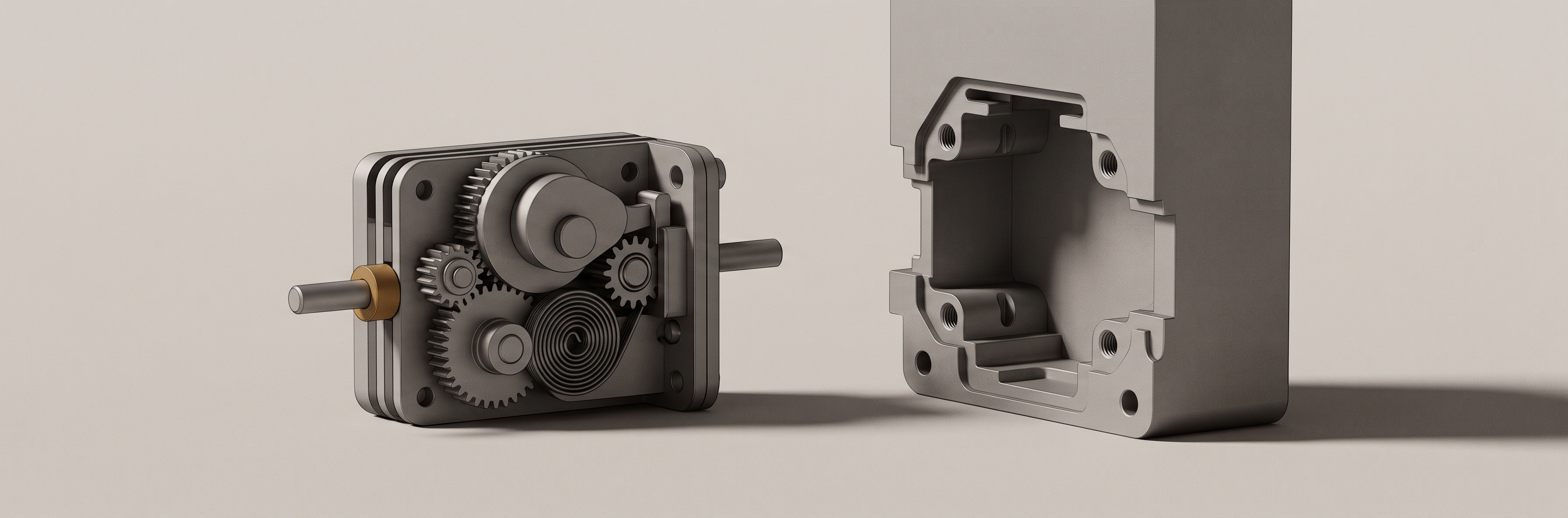 A complete machined mechanism of gears, a cam, and a return spring sitting beside the open cavity of a larger housing.