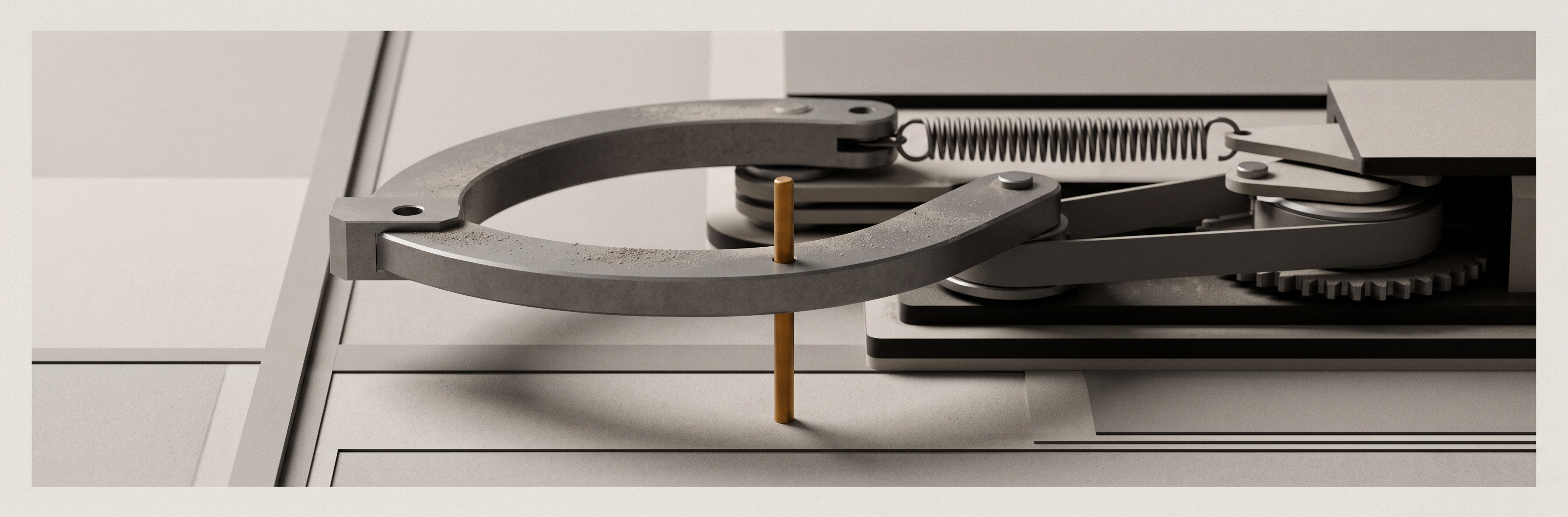 A heavy grey arm stopped partway through its arc, held in place by a single slender pin.