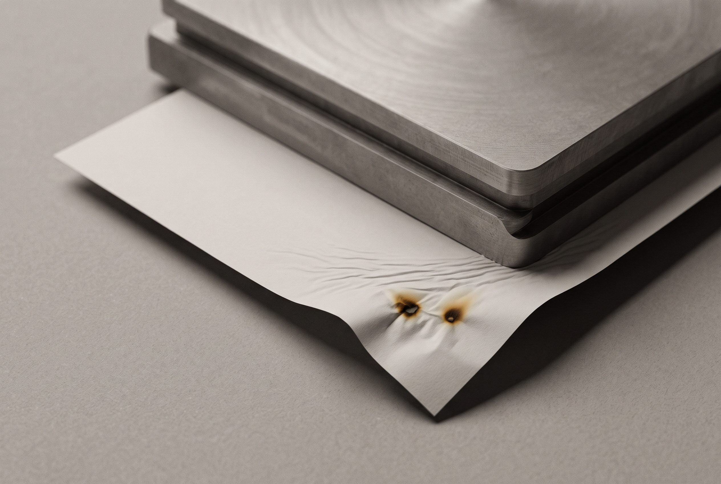 A wide platen pressing a sheet of paper flat, with two small burn marks left untouched at the edge outside its reach.