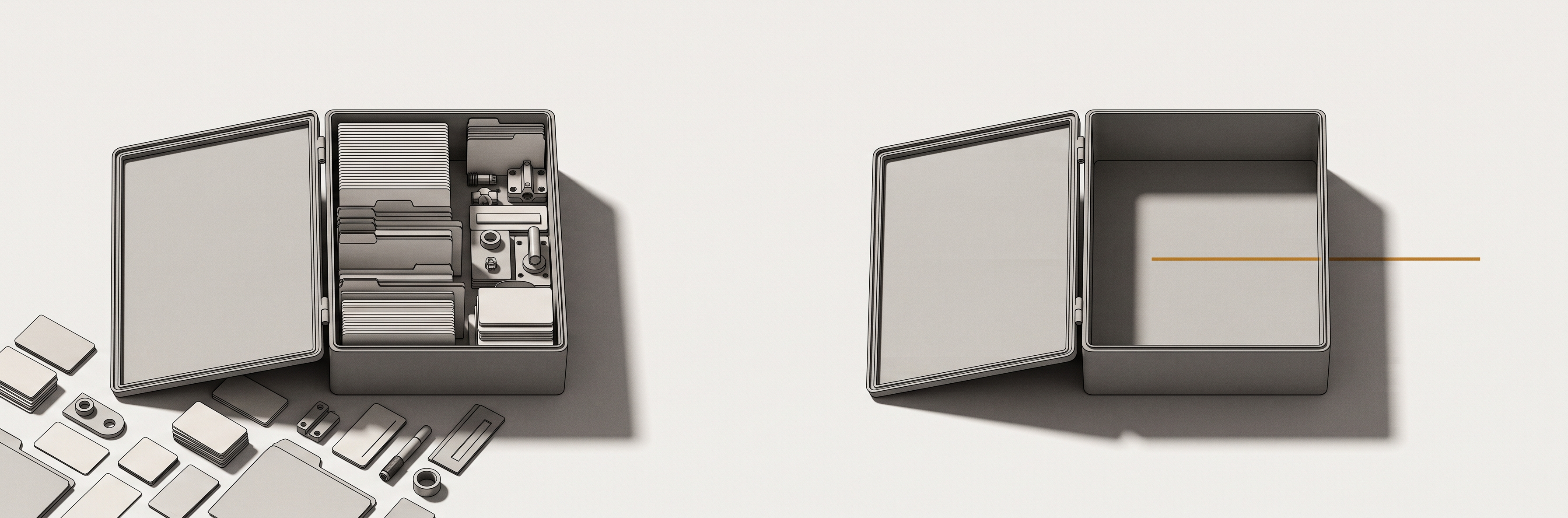 Two identical open enclosures side by side, one filled with stacked cards and folders, the other empty and swept clean.
