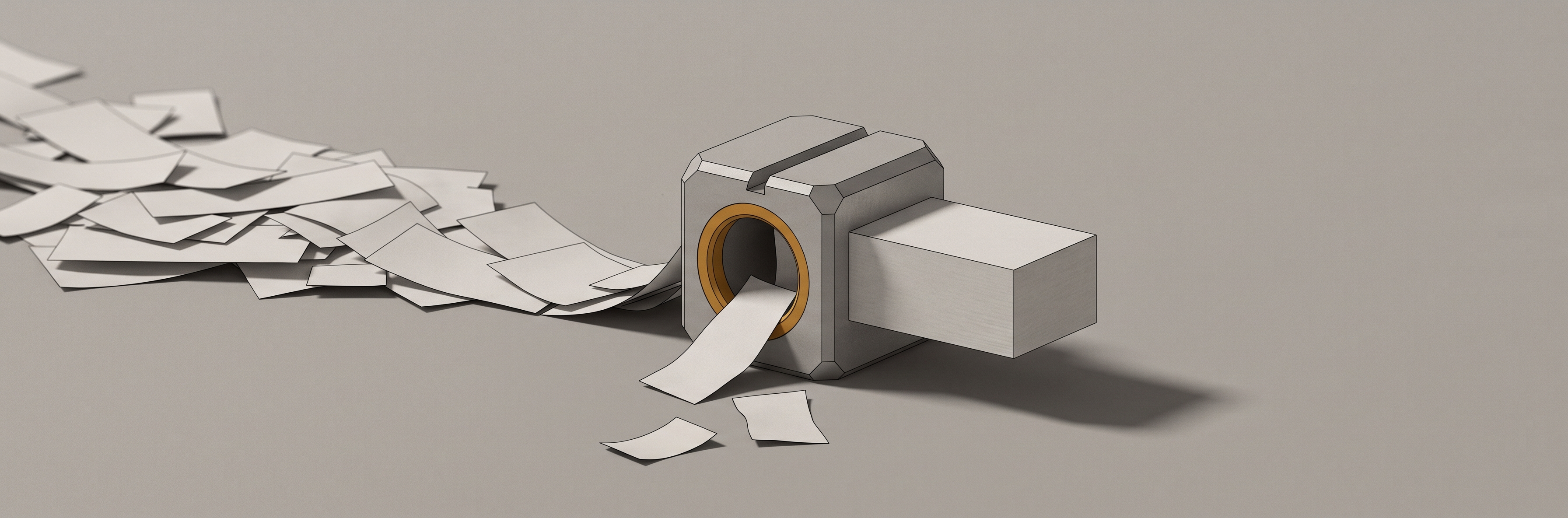 Loose paper scraps converging into a machined die and emerging as a single rectangular block with square edges.