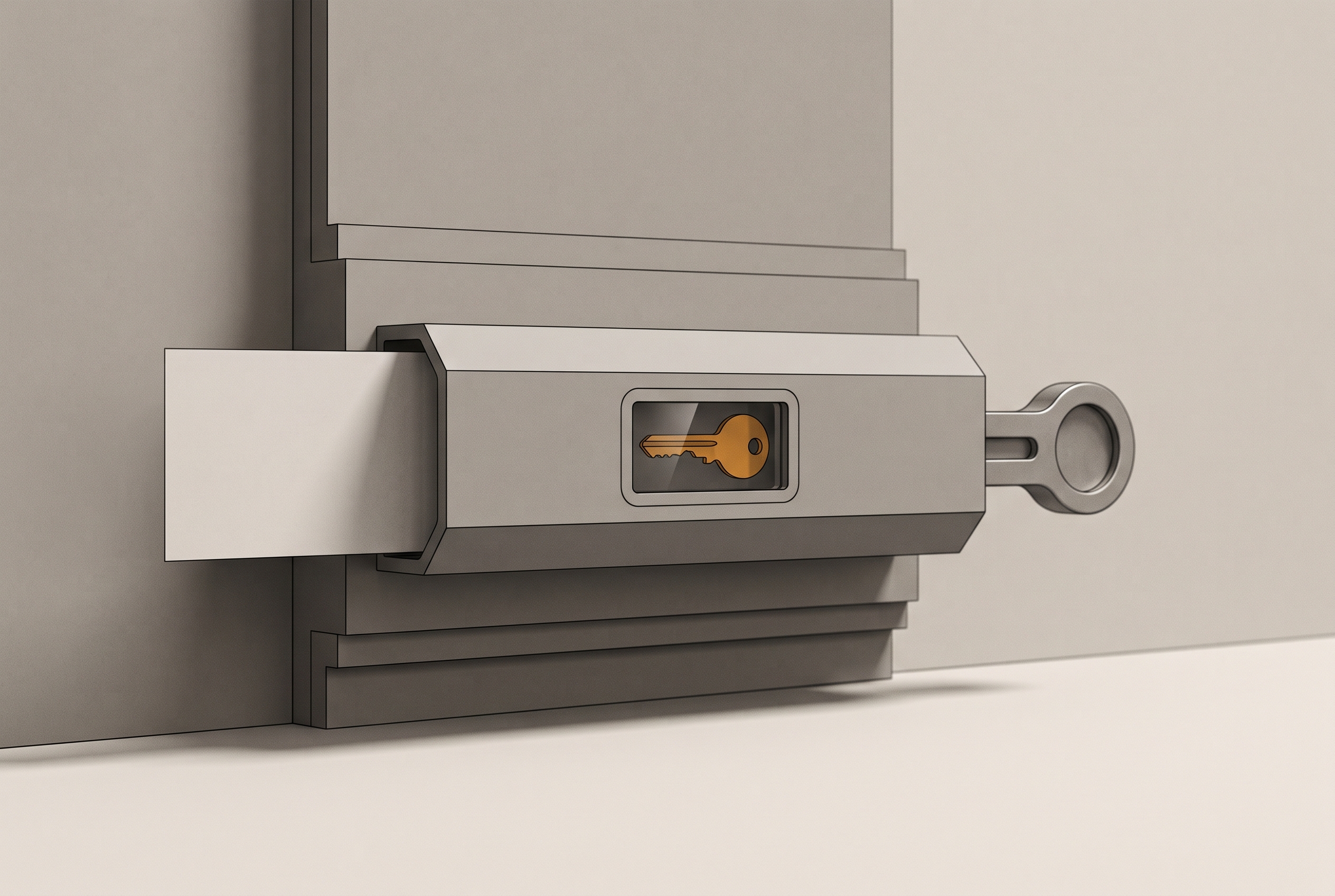 A sealed conduit set into a wall, with a key visible but unreachable behind a small glazed inspection port.