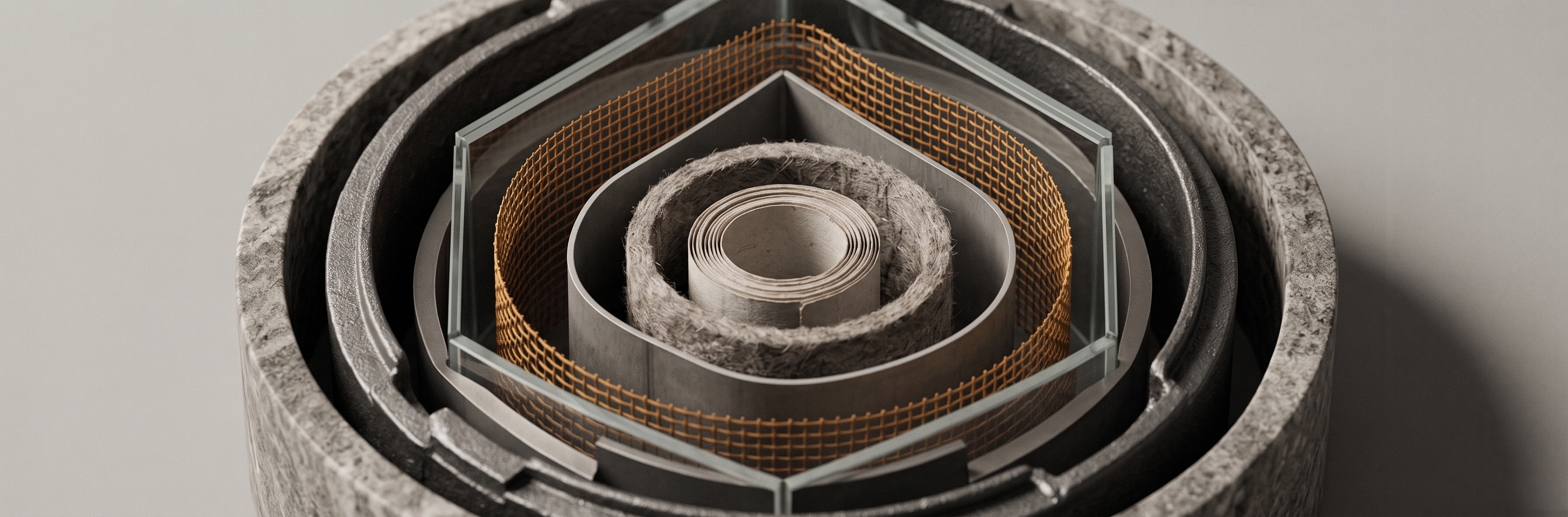 A cross-section through seven concentric shells of different materials nested around a small empty core.
