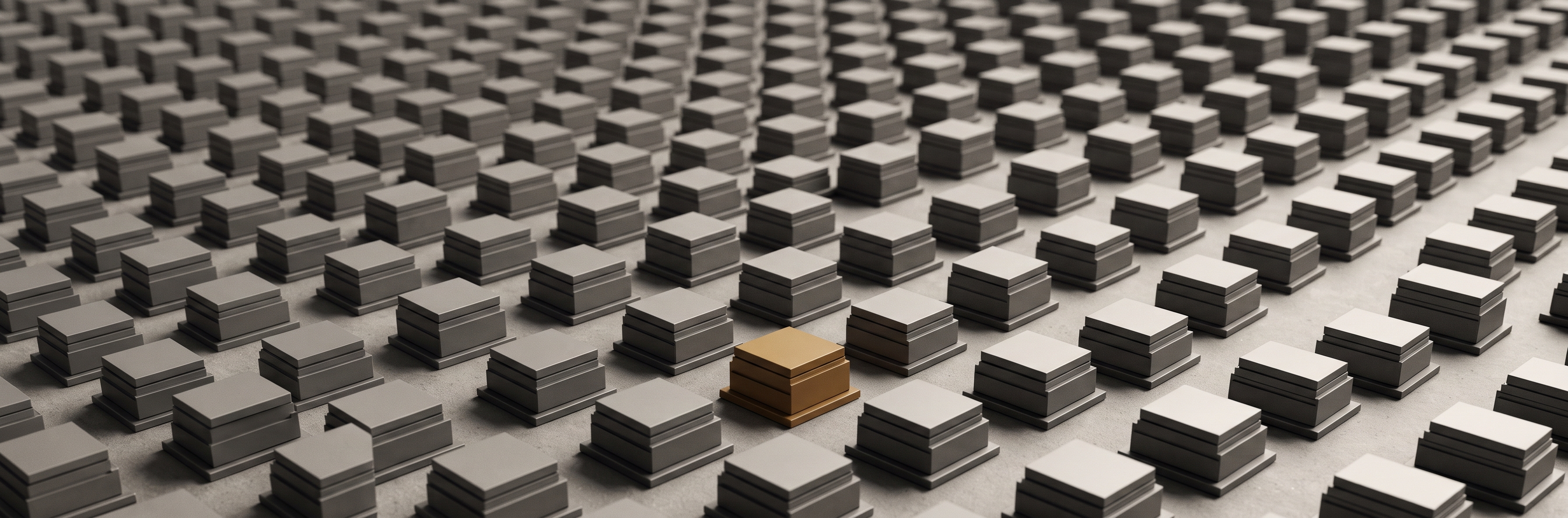 A dense grid of identical small machine housings receding across the frame, each with its own base and footprint.