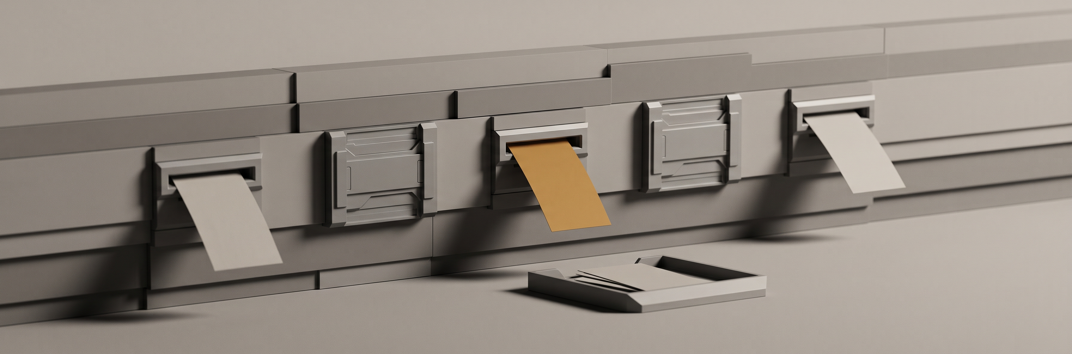 A thick wall with five slots set into it; a pale card is emerging from three of them while two are shuttered closed.